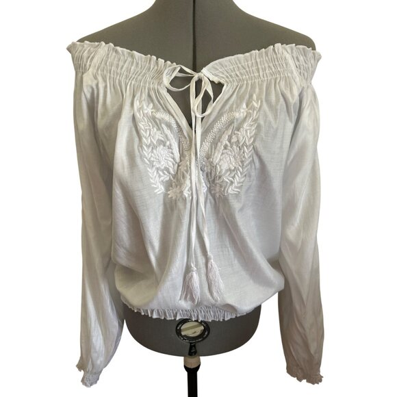 Isabella Rodriguez White Long Sleeve L Blouse Embroidered Tassel Tie Closure - Picture 4 of 9